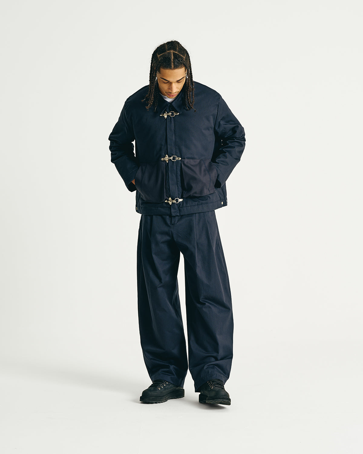 Canvas Pleated Pants - Navy Blue
