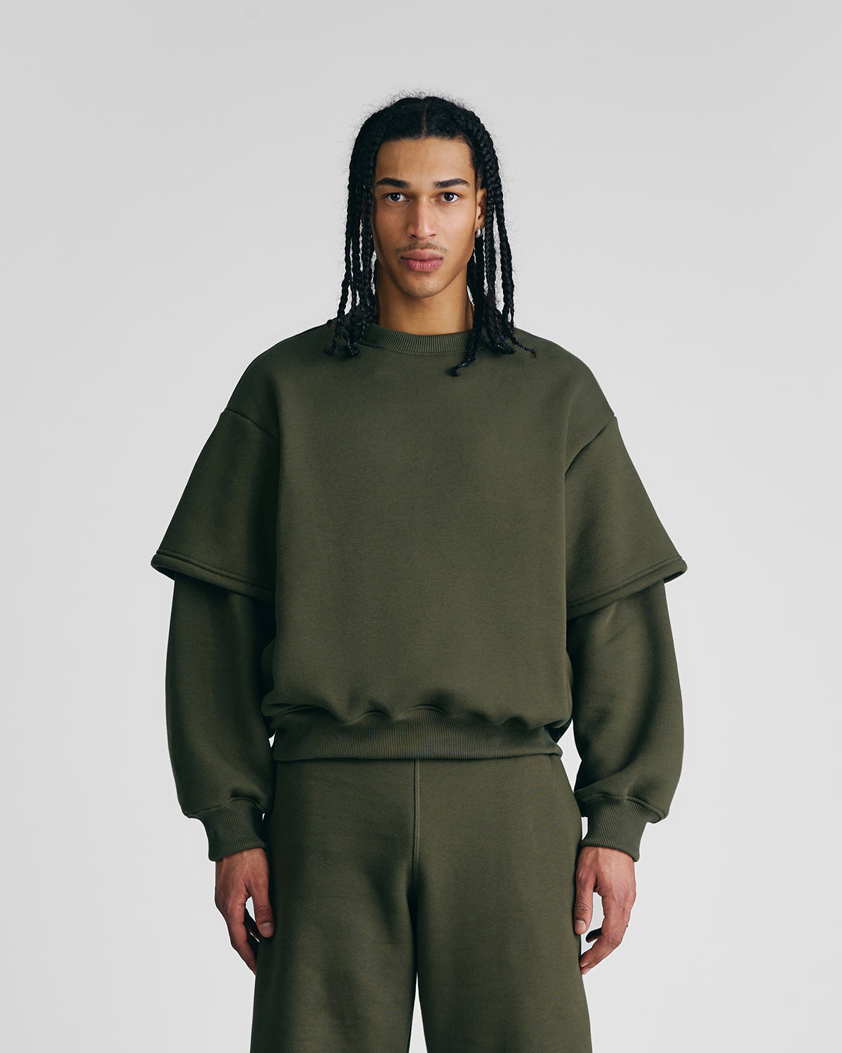 Military Green Double-Sleeve Crewneck