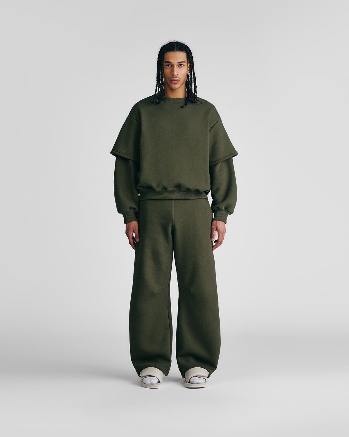 Military Green Double-Sleeve Crewneck