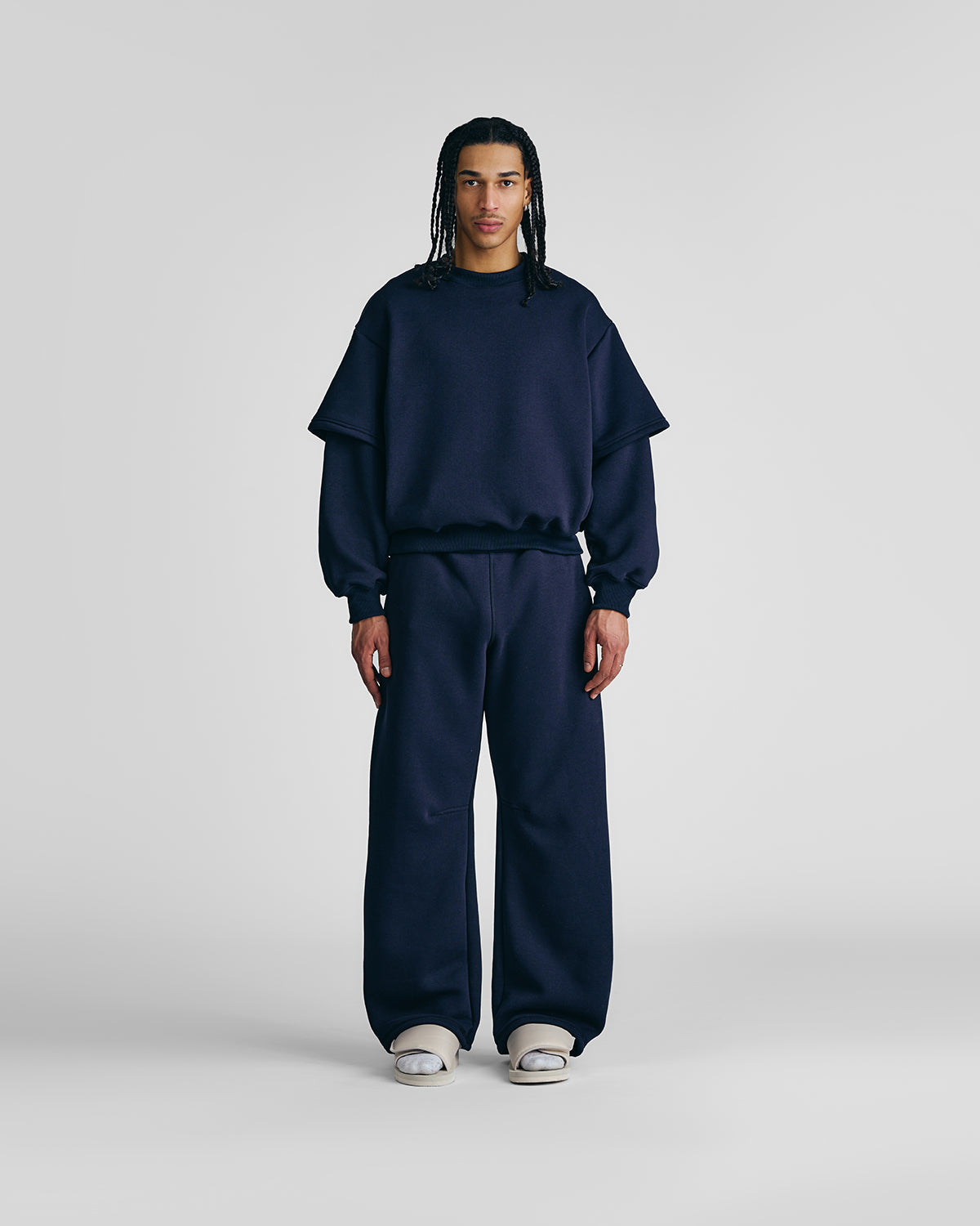 Navy Blue Double-Sleeve Crewneck