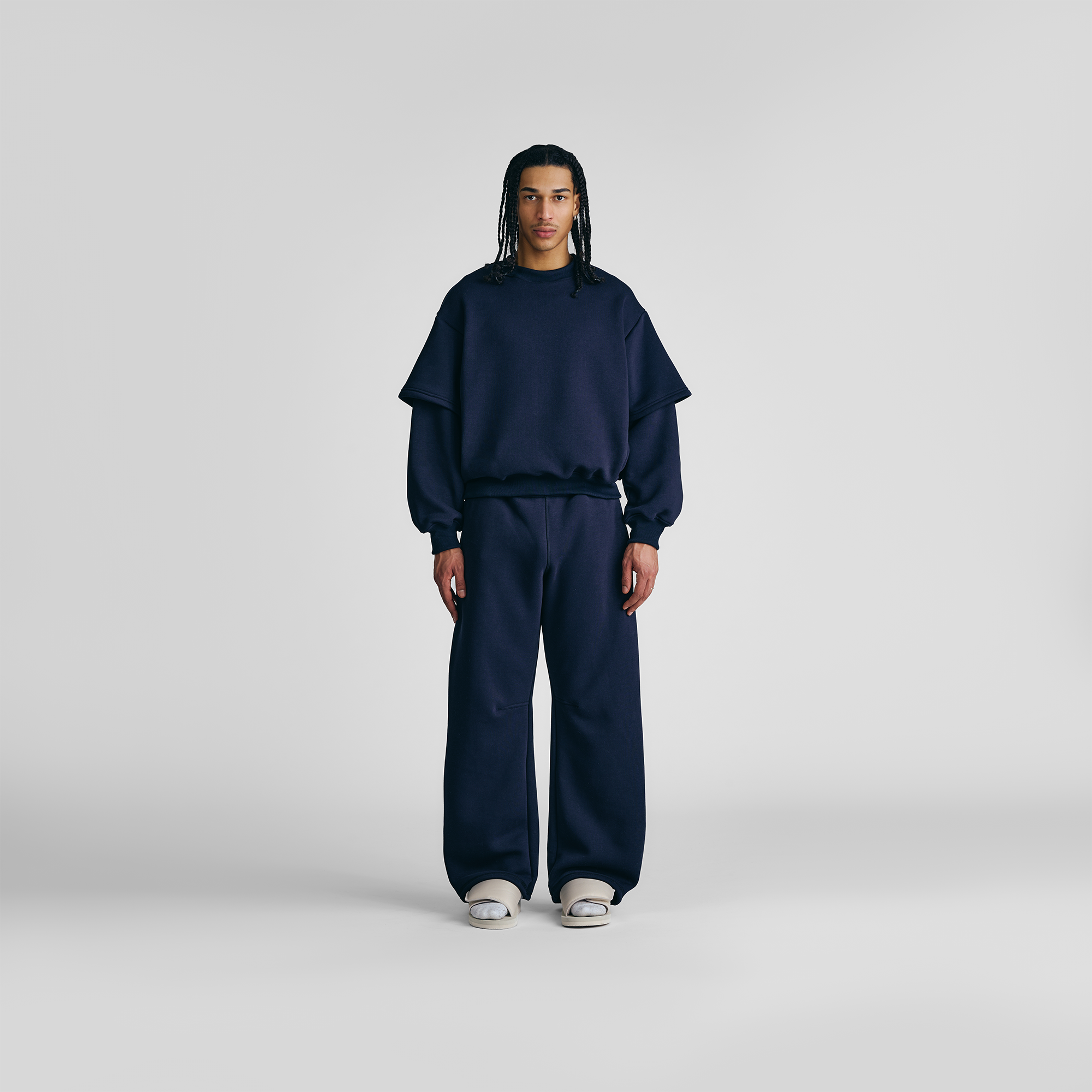 Maglia girocollo a doppia manica blu navy