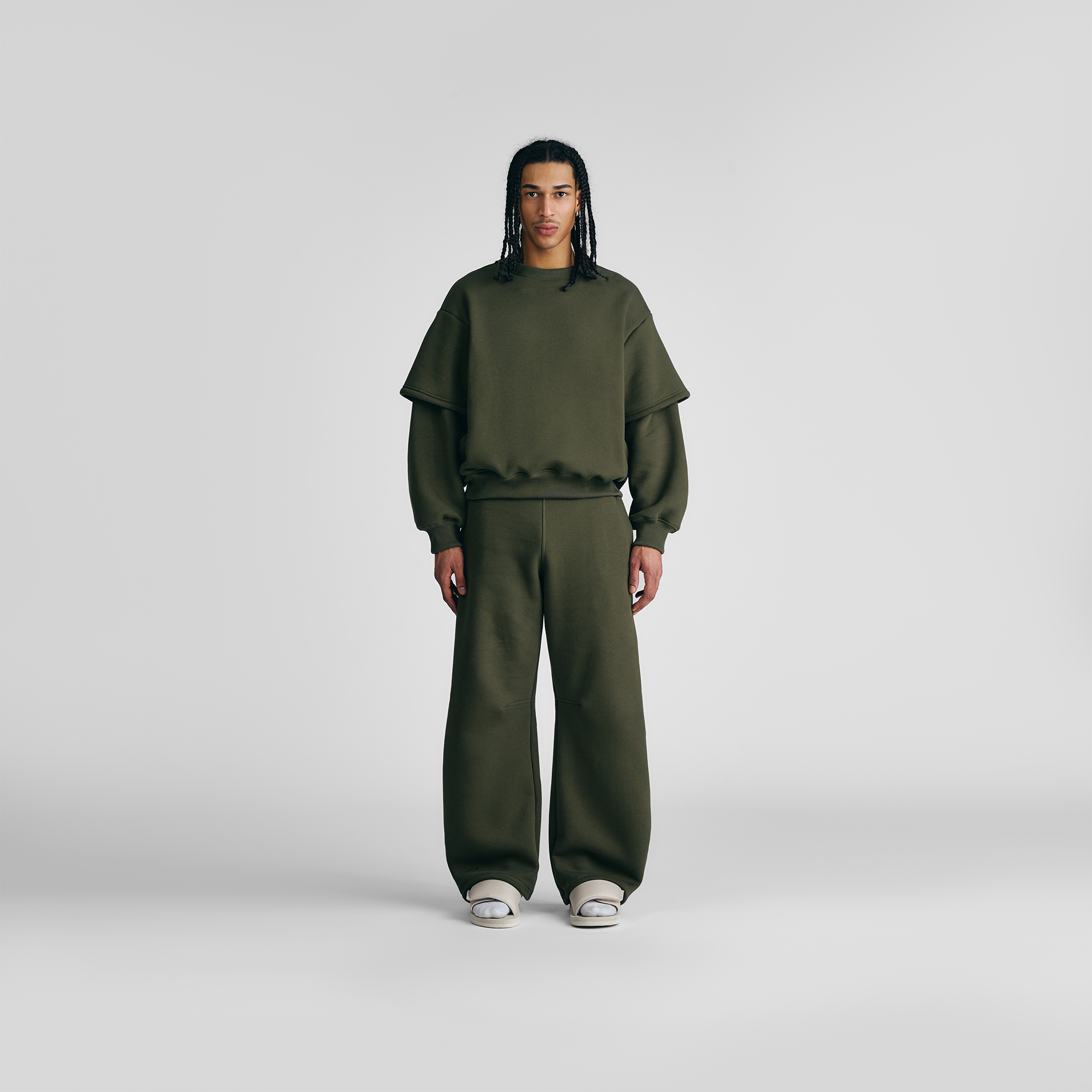 Military Green Double-Sleeve Crewneck