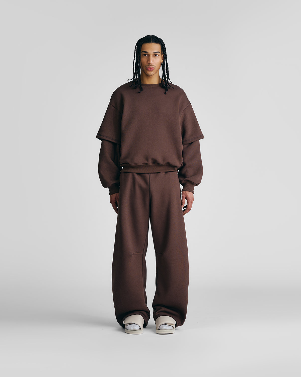 Mocha Brown Double-Sleeve Crewneck