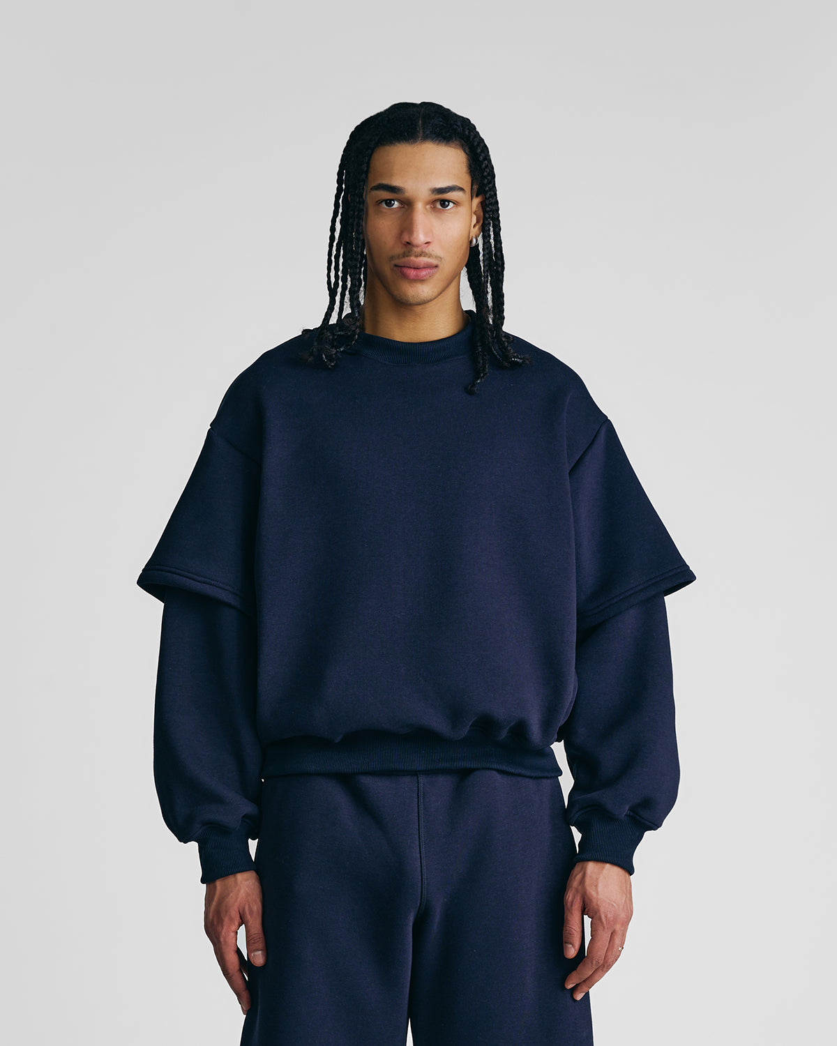 Navy Blue Double-Sleeve Crewneck
